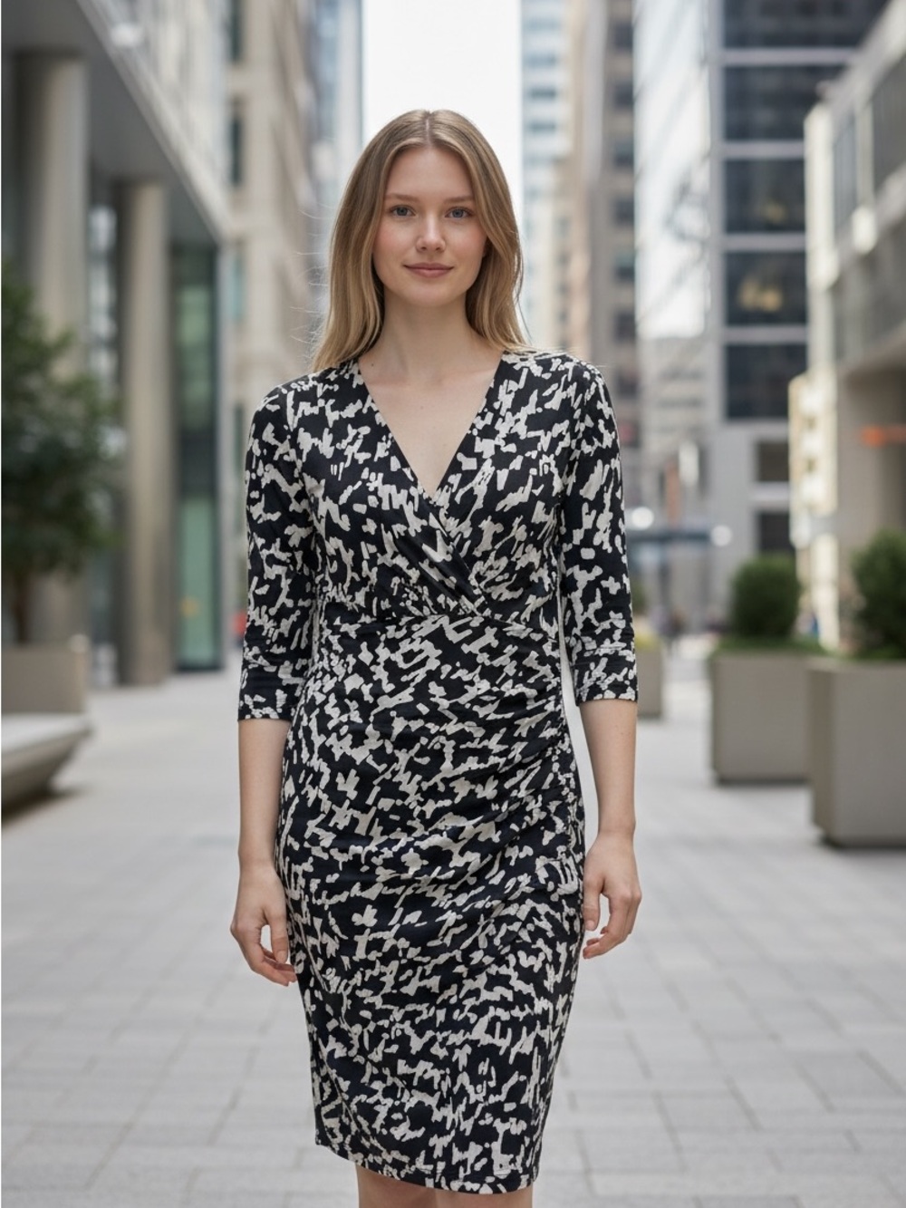 Ralph Lauren Black and White Printed V-Neck Midi Dress